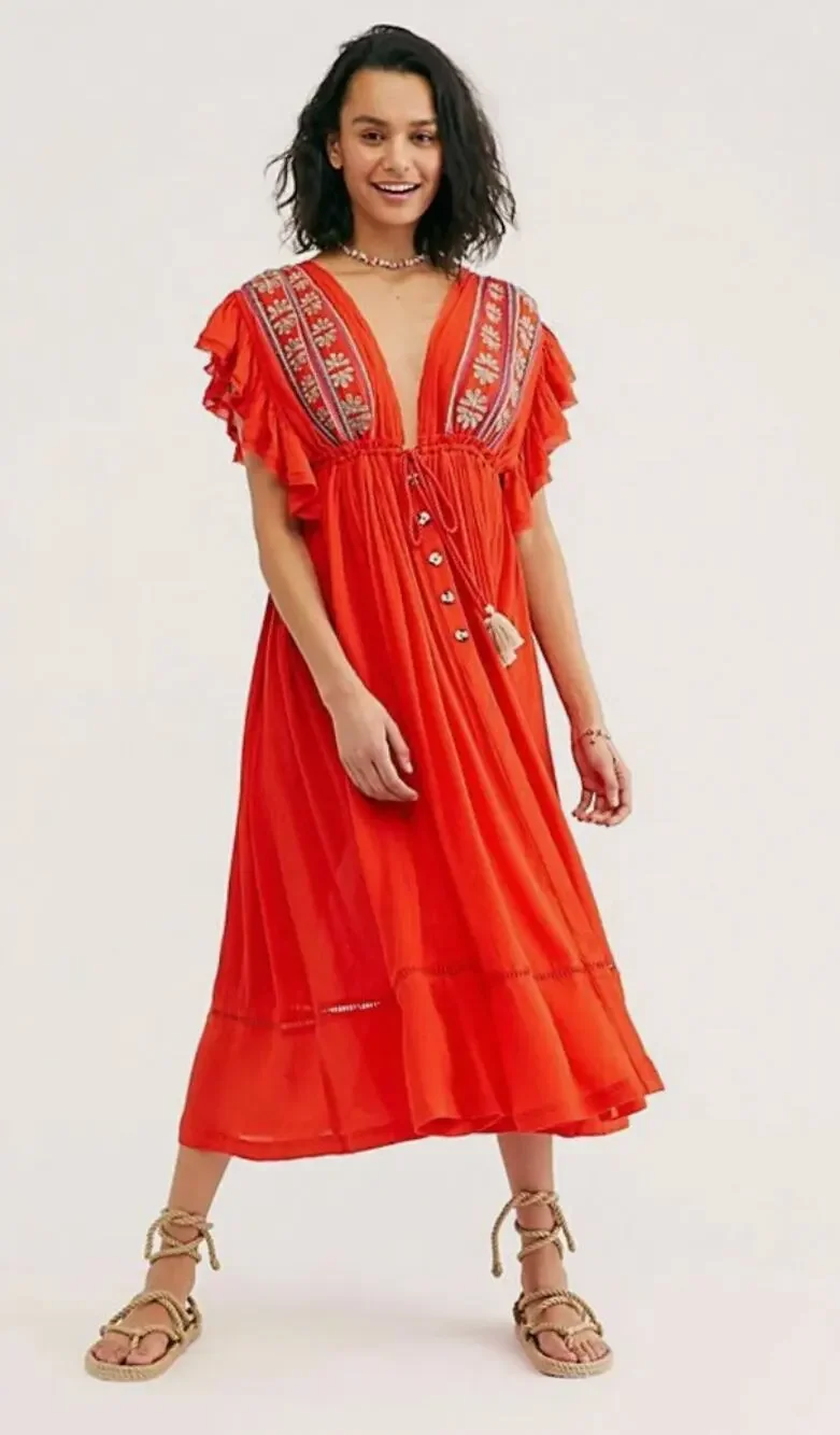 Free People Dress Medium Will Wait For You Midi Red Embroidered Boho Hippie
